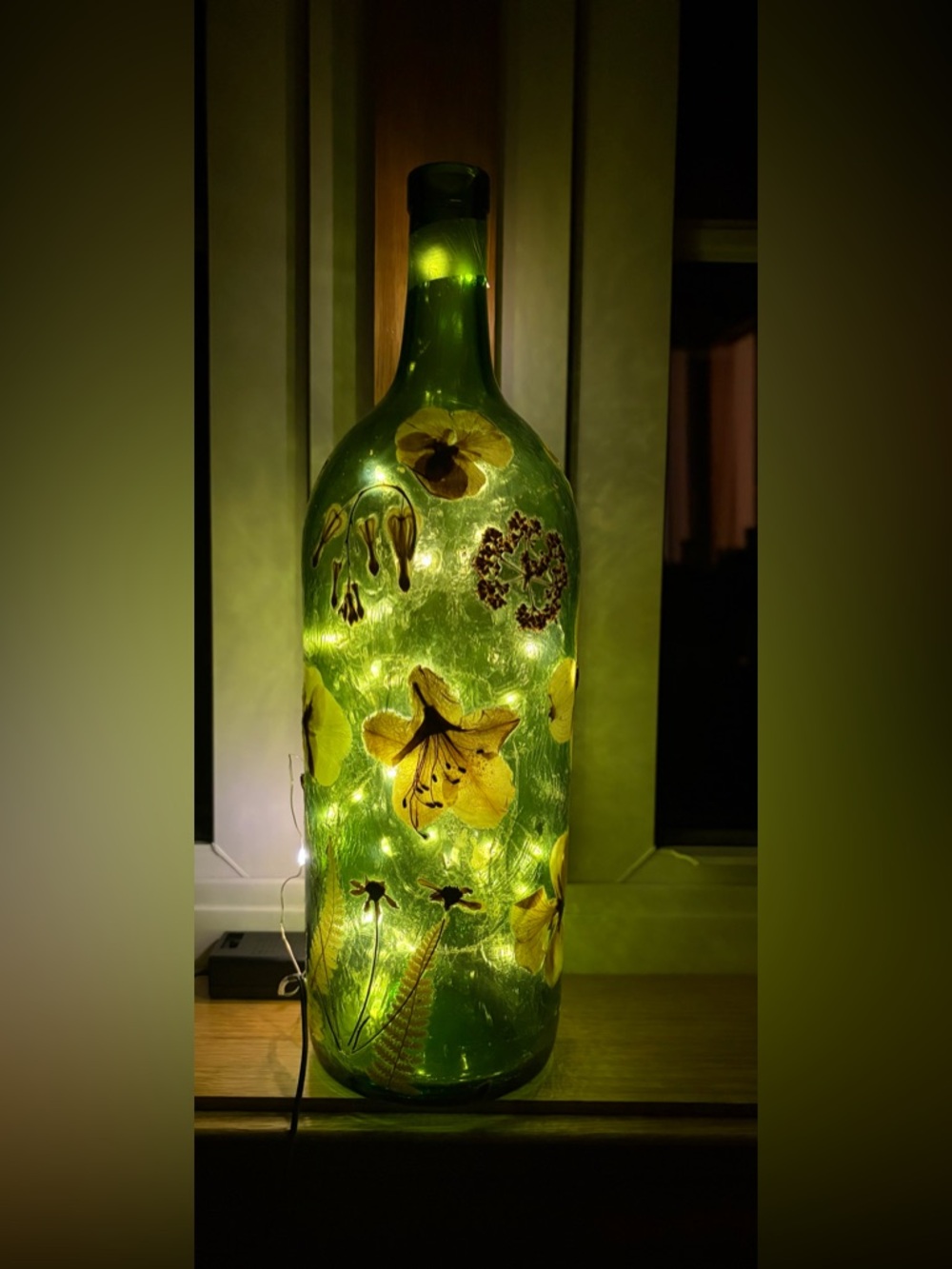 Handcrafted Green Botanical Glass Bottle Lamp